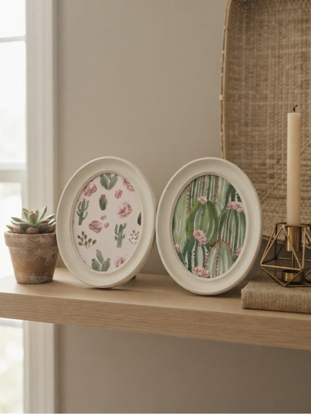 Set of 2 Oval White Picture Frames with Cactus Botanical Art